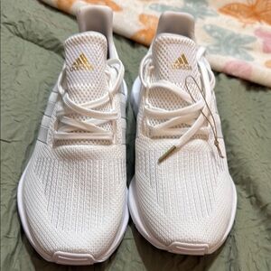 Adidas White Knit Sneakers with Gold Accents